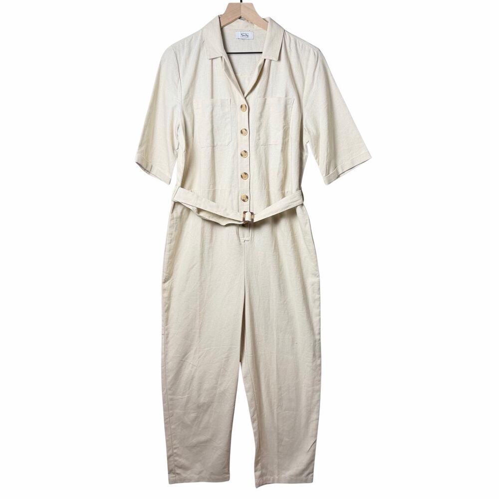 Myra Bay Linen Blend Tan Belted Jumpsuit Lightweight *see measurements